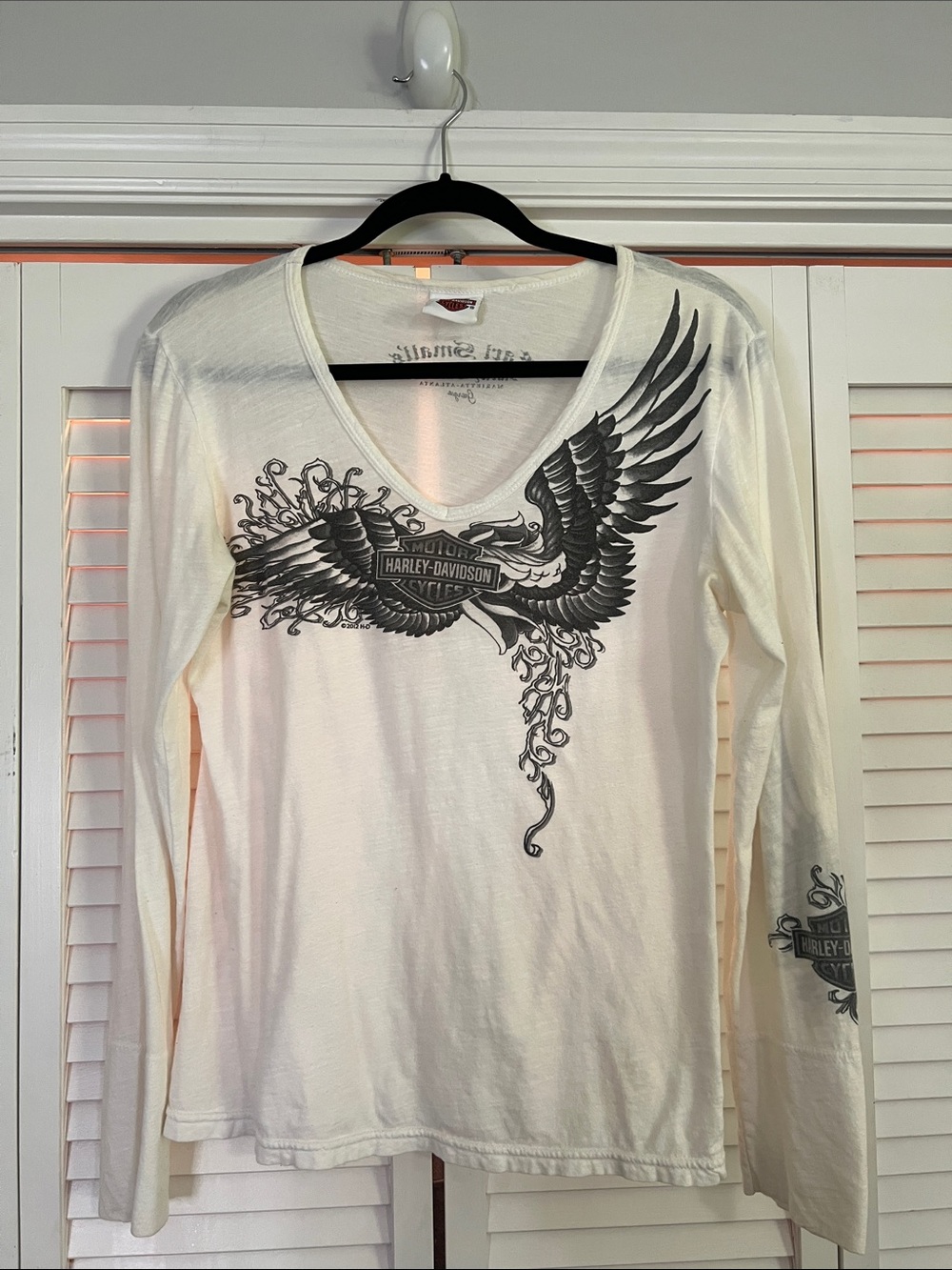 Harley-Davidson White V-Neck Long Sleeve Tee with Black Wing Graphic